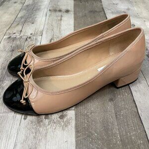 Steve Madden Cherish Low Block Heel Pump 8 Nude Patent Leather Black Toe Cap